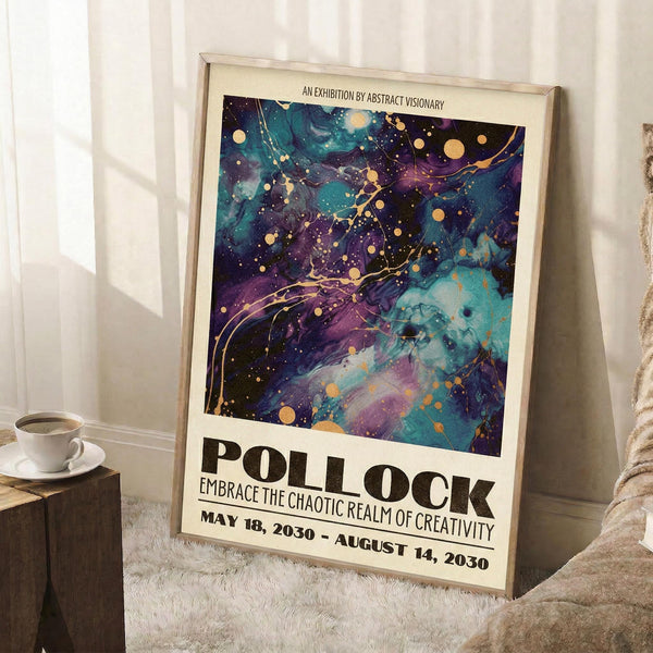 May include: Framed abstract art poster with cosmic swirling patterns in deep purple, teal, and navy blue colors, accented with golden dots and flowing lines. The poster features exhibition-style text layout with dates, displayed on a white fluffy rug beside a wooden side table holding a white coffee cup and books. Natural window light creates soft shadows on white walls.