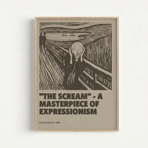 Framed vintage-style poster featuring Edvard Munch's iconic expressionist artwork showing a figure with an agonized expression holding their face, standing on a bridge with swirling sky lines. Black ink illustration on beige background with bold text reading "THE SCREAM - A MASTERPIECE OF EXPRESSIONISM" and "Edward Munch, 1895" below. Displayed in simple light wood frame against white wall.