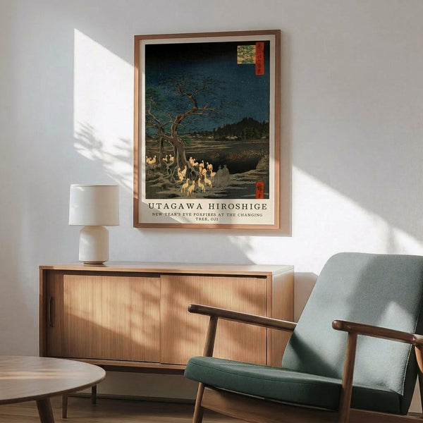 May include: Framed Japanese woodblock print hanging on white wall above wooden sideboard, showing foxes gathered around bare tree under starry night sky. Mid-century modern room with sage green upholstered chair, white ceramic lamp, and natural sunlight casting shadows across the scene.