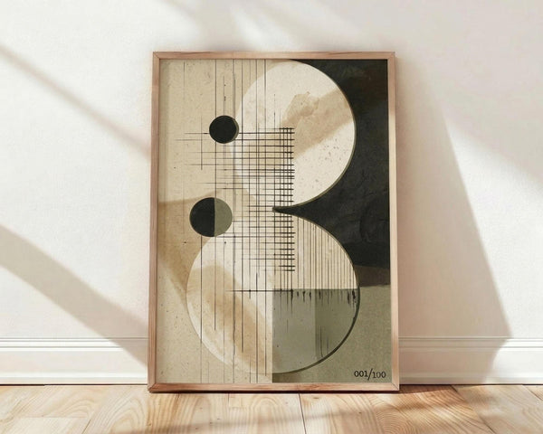 May include: Framed abstract geometric artwork leaning against white wall on light wood floor. The print features curved organic shapes in cream and dark green with intersecting linear grid patterns and small circular elements. Numbered 001/100 in corner. Natural wood frame with soft window light creating shadows across the scene.