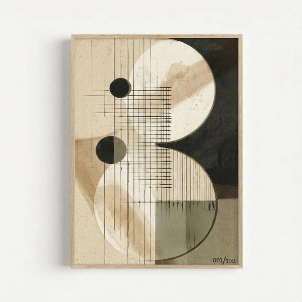 Abstract geometric artwork in wooden frame featuring curved organic shapes in cream and dark tones intersecting with linear grid patterns and small circular elements. The composition blends flowing forms with structured line work in neutral earth tones. Edition numbered 001/100 visible in corner.