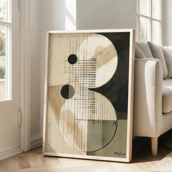 May include: Abstract geometric artwork in light wood frame leaning against white wall beside beige sofa. Artwork features cream and beige tones with black curved shapes, circles, and linear grid patterns in modernist style. Natural lighting from nearby windows creates soft shadows on wooden floor.