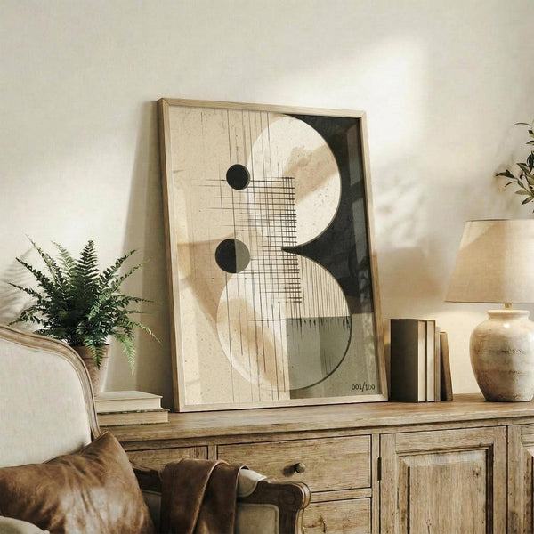 May include: Abstract geometric art print in light wood frame displayed on rustic wooden credenza. Artwork features cream, beige and dark green organic shapes with linear grid elements and circular forms. Styled with fern plant, pottery vase, books and throw pillow in warm neutral living room setting.