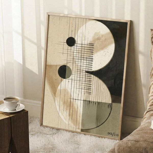 May include: Abstract geometric artwork in wooden frame leaning against white wall on textured cream rug. Features curved organic shapes in beige and dark green with linear grid patterns and small black circles. Coffee cup on wooden block nearby. Natural lighting creates soft shadows. Numbered limited edition print visible in corner.