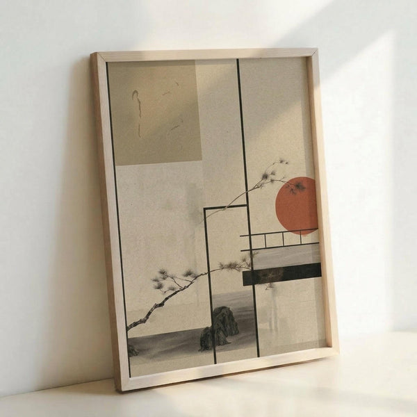 May include: Framed artwork leaning against white wall on light surface. Print features Japanese-inspired design with red sun, delicate pine branches, geometric grid lines, and green rock formations on cream background. Natural wood frame with glass covering creates subtle reflections. Minimalist composition blends traditional Asian aesthetics with modern geometric elements.