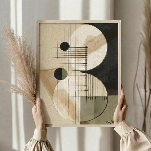 May include: Person in beige clothing holding framed abstract art print featuring geometric shapes in cream, brown, and dark green tones with grid lines and circular elements, displayed next to dried pampas grass against white curtained window background.