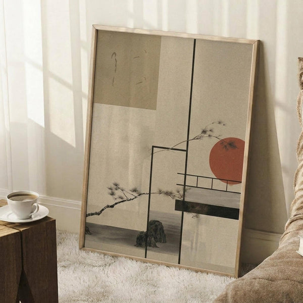 May include: Japanese-inspired artwork in natural wood frame leaning against white wall. Features minimalist composition with red sun, delicate pine branches, geometric black lines, and green rectangular element on neutral beige background. Styled room scene with white coffee cup on wooden block and cream textured rug.