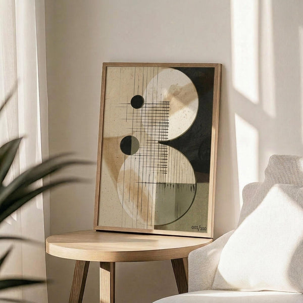 May include: Abstract geometric artwork in wooden frame displayed on round wooden side table next to beige upholstered chair. Art features overlapping circles, grid patterns, and linear elements in neutral tones of cream, black, and sage green. Soft natural lighting creates shadows across white wall. Plant leaves visible in corner of minimalist interior scene.