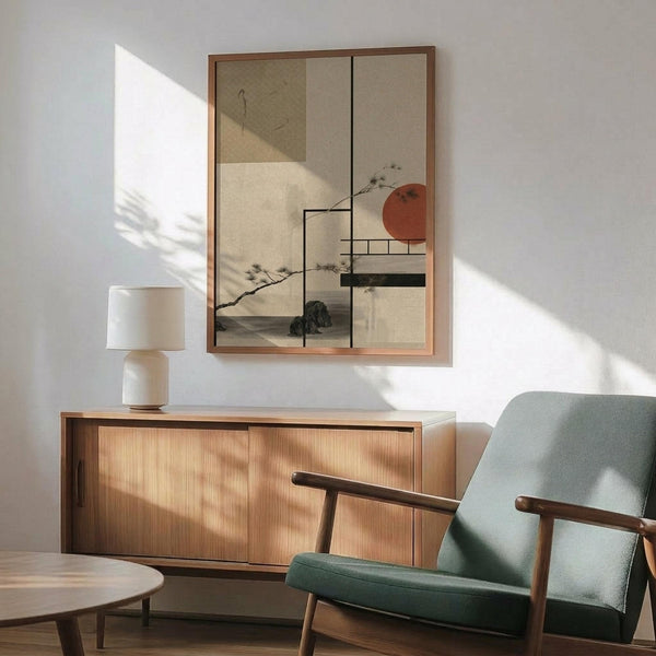 May include: Japanese-inspired artwork displayed in modern living room with mint green mid-century armchair, wooden sideboard, and white table lamp. The framed print features geometric composition with red sun, pine branch, and neutral earth tones in traditional ukiyo-e style. Warm sunlight streams across white walls creating dramatic shadows on the minimalist scandinavian interior.