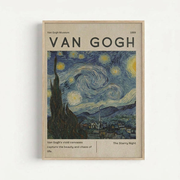 Framed art print featuring Van Gogh's The Starry Night painting with swirling blue sky, yellow stars and moon, dark cypress tree, and village below. Museum-style poster with beige background, black "VAN GOGH" text at top, and descriptive text at bottom. Light wood frame against white wall background.