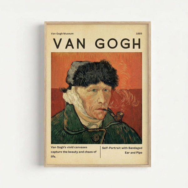 Van Gogh self-portrait poster in light wood frame hanging on white wall. Shows the artist wearing a dark fur cap and green coat, smoking a pipe, with bandaged ear visible. Orange-red background with swirling brushstrokes. Vintage museum-style design with cream background and black text identifying the artwork and Van Gogh Museum attribution.