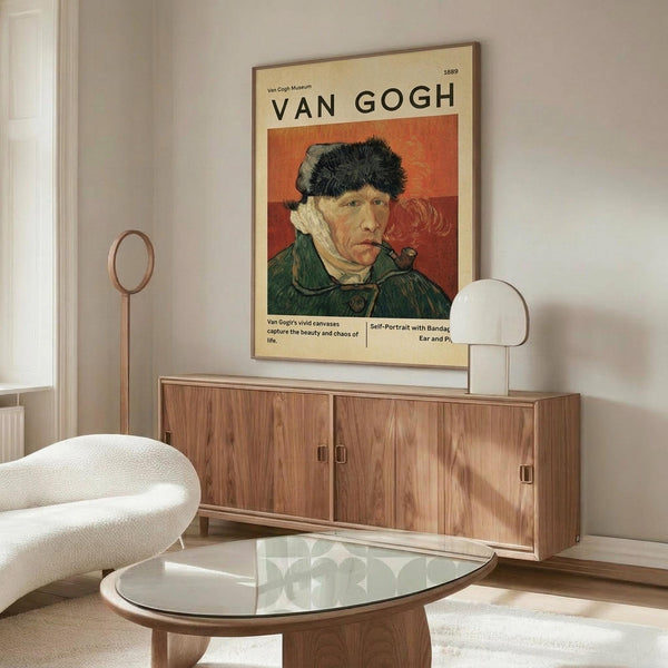 May include: Van Gogh museum poster featuring self-portrait of artist wearing dark fur hat and green coat against orange background, displayed above wooden sideboard in modern living room with white upholstered chair, glass coffee table, and minimalist decor in neutral tones