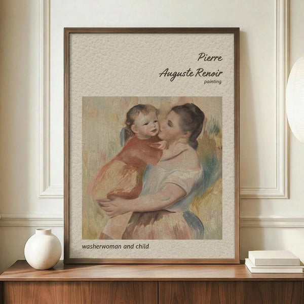 May include: Framed art print displaying Renoir's soft pastel painting of a woman in white dress tenderly holding a small child in coral clothing, with cream matting and brown frame, positioned on wooden sideboard alongside white ceramic vase and stacked books against elegant paneled wall