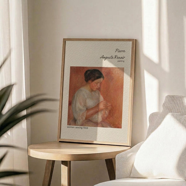 May include: Framed art print displaying a Renoir painting of a woman in white dress sewing, set against warm orange background. Print has cream matting with black text identifying the artwork and date. Wooden frame sits on round natural wood side table next to beige upholstered chair, with plant leaves visible in soft natural lighting.