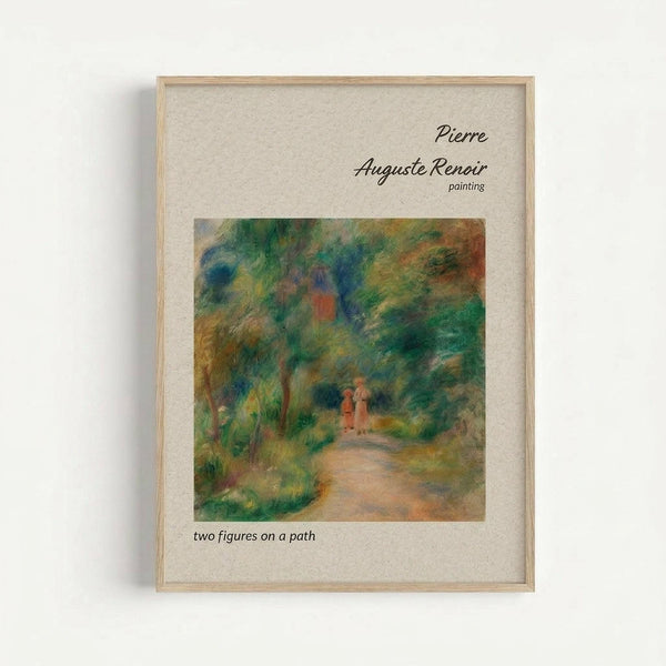 May include: Framed art print of Pierre-Auguste Renoir's impressionist painting showing two small figures walking down a tree-lined path. The artwork features soft, blended brushstrokes in greens, blues, and warm earth tones creating a dreamy forest scene. Displayed in a light wood frame with cream matting against a white wall.