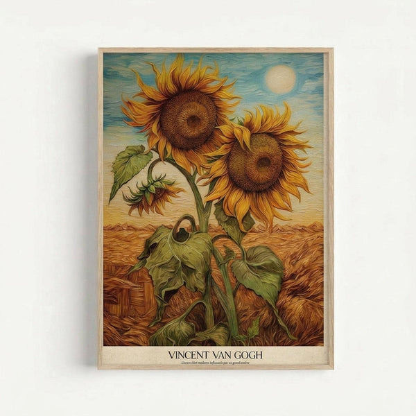 A framed art print featuring two large sunflowers with golden-yellow petals and brown centers against a blue sky with white sun. The flowers have thick green stems and leaves, growing from brown textured ground. The artwork displays Van Gogh's characteristic swirling brushstroke style with warm earth tones throughout. The print has "VINCENT VAN GOGH" text at the bottom and is displayed in a light wood frame against a white wall.