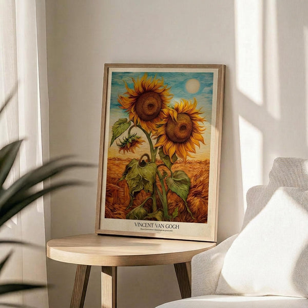 May include: Framed sunflower art print in warm golden and orange tones displayed on a round wooden side table next to a cream upholstered chair. The artwork shows three large sunflowers with detailed petals and leaves against a blue sky with sun, featuring Van Gogh's distinctive swirling brushstroke style. Natural lighting creates soft shadows across the neutral-toned room setting with a plant visible in the corner.