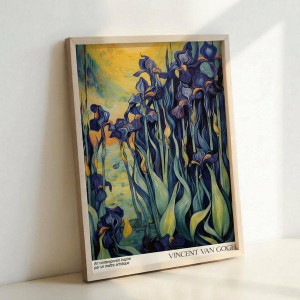 May include: Framed poster print of Van Gogh's Irises painting leaning against white wall. Artwork shows purple and blue iris flowers with flowing green stems and leaves against golden yellow background. Print displayed in light wood frame with white mat border. Van Gogh's signature visible at bottom. Characteristic post-impressionist brushwork and swirling patterns throughout composition.