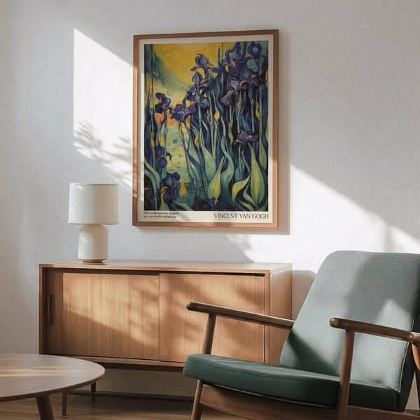 May include: Vincent van Gogh's Irises poster in wooden frame hanging on white wall above natural wood credenza with table lamp. Mid-century modern sage green armchair with wooden arms sits nearby on wooden floor with round coffee table. Sunlight creates dramatic shadows across the minimalist room setting.
