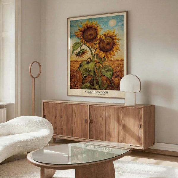 May include: Van Gogh sunflowers poster print in thin wooden frame hanging above walnut credenza in modern living room. Artwork shows three sunflowers with yellow petals and brown centers against blue sky and golden field. Room features cream curved chair, glass coffee table with wood base, brass floor lamp, and white table lamp on sideboard.