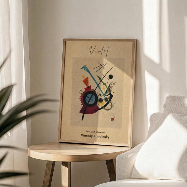 May include: Framed abstract art print featuring geometric shapes, lines, and vibrant colors including red, blue, yellow, and black on cream background. Wooden frame sits on light wood round side table next to beige upholstered chair. Soft natural lighting creates shadows across white walls. Green plant leaves visible in corner of minimalist, bright interior space.