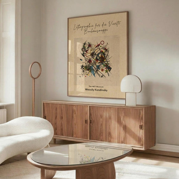 May include: Abstract Kandinsky art poster with colorful geometric shapes and lines on beige background, displayed above walnut credenza in modern living room. White curved chair and glass coffee table nearby, with brass floor lamp and white table lamp creating warm lighting on cream walls.