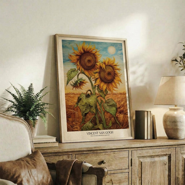 May include: Framed sunflower artwork in warm yellows and browns displayed on rustic wooden sideboard alongside fern plant, ceramic vase, and stacked books. The print shows three large sunflowers with detailed petals and leaves against blue sky and golden field background. Natural lighting creates soft shadows on white wall behind furniture.