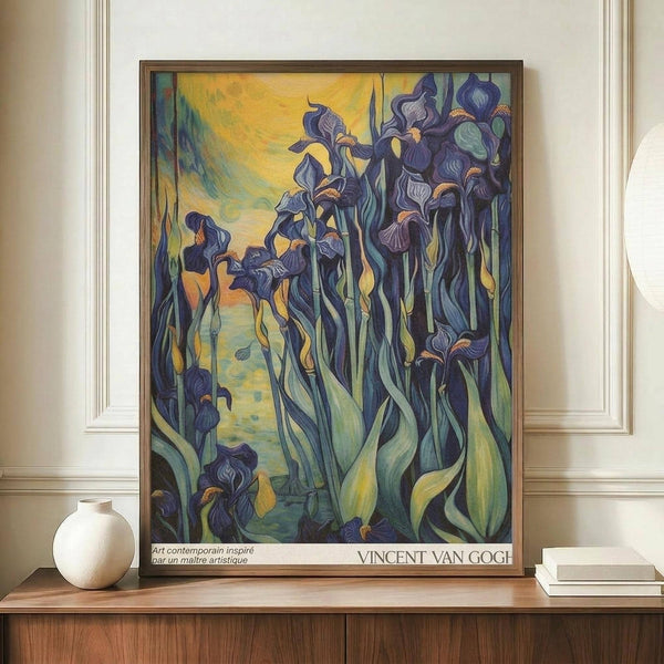May include: Framed Van Gogh-inspired iris painting displayed on wooden sideboard against cream paneled wall. Artwork features purple and blue irises with flowing green stems against yellow-gold sky background in post-impressionist style. Brown frame, accompanied by white ceramic vase and stack of books on wood surface.
