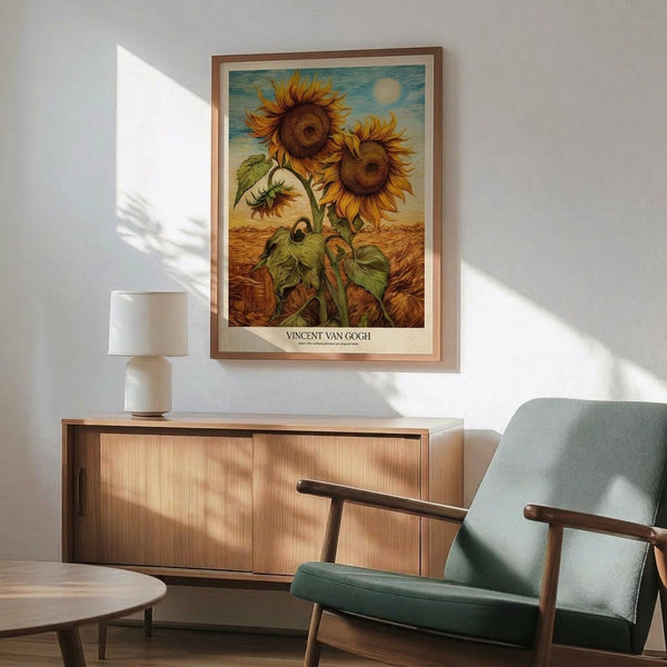 May include: Framed sunflower artwork hanging on white wall above wooden credenza with table lamp. Print shows three large sunflowers with yellow petals and dark centers against blue sky and golden field. Modern living room setting with mint green upholstered chair, round wooden coffee table, and natural sunlight casting shadows across the scene.