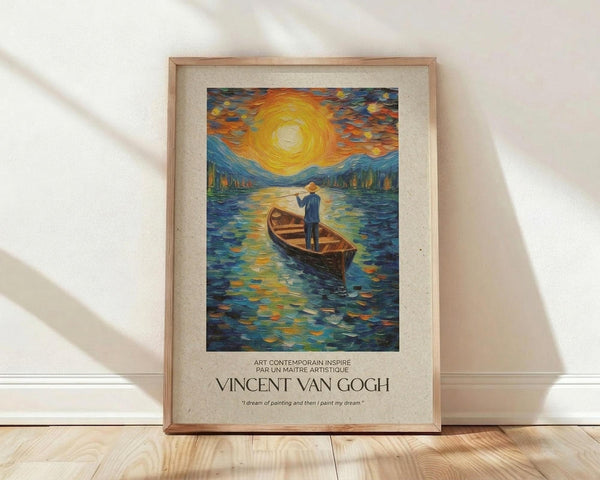 May include: Framed poster print featuring a person standing in a wooden boat on swirling blue water beneath a dramatic golden sun and colorful sky, rendered in Van Gogh's distinctive post-impressionist style with bold brushstrokes. The artwork is displayed in a light wood frame with cream matting against a white wall with natural sunlight casting diagonal shadows. Text appears below the image crediting Vincent Van Gogh with an inspirational quote about dreaming and painting.