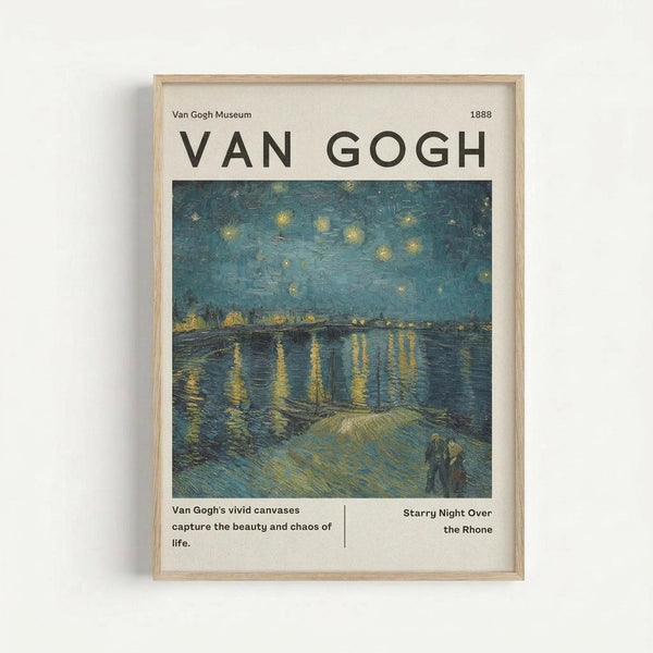 Framed museum poster featuring Van Gogh's Starry Night Over the Rhone painting with swirling blue night sky filled with bright yellow stars above a river reflecting golden lights from buildings along the shore. Two small figures stand in the foreground. Light wood frame against white wall background with cream colored poster mat and black text describing the artwork.