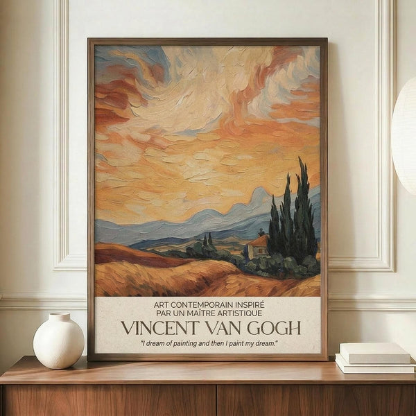 May include: Framed poster featuring a Van Gogh-inspired landscape painting with swirling orange and yellow sky, rolling hills, and dark cypress trees beside a small building. The artwork has visible brushstroke texture and warm earth tones. Below the painting is text in French about contemporary art inspired by a master artist, along with Van Gogh's name and an English quote about dreaming and painting. The frame sits on a wooden sideboard next to a white ceramic vase and books in a cream-walle