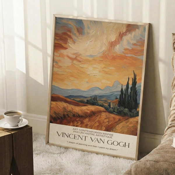 May include: Framed Van Gogh-style landscape poster with swirling orange and cream sky, rolling golden hills, dark cypress trees, and distant blue mountains. The artwork features thick, textured brushstrokes characteristic of post-impressionist painting. White matting displays artist name and inspirational quote below the image. Frame leans against white wall on fluffy cream rug beside wooden side table with white coffee cup and saucer.