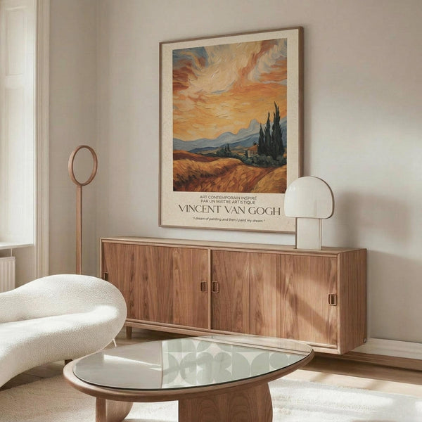May include: Van Gogh-inspired landscape poster with swirling orange and yellow sky, dark cypress trees, and rolling golden fields, displayed in thin wooden frame above walnut credenza. Modern living room setting features cream curved chair, glass oval coffee table, brass floor lamp, and white table lamp on console.