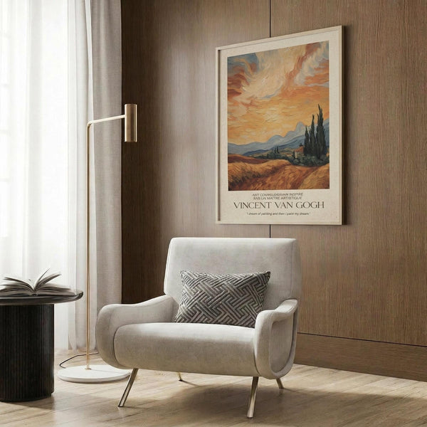 May include: A framed Van Gogh-inspired landscape poster featuring cypress trees against an orange sunset sky with rolling hills, displayed above a beige upholstered armchair with geometric patterned pillow. The artwork is mounted on wood-paneled walls in a modern living space with brass floor lamp, dark side table with open book, and white curtains.
