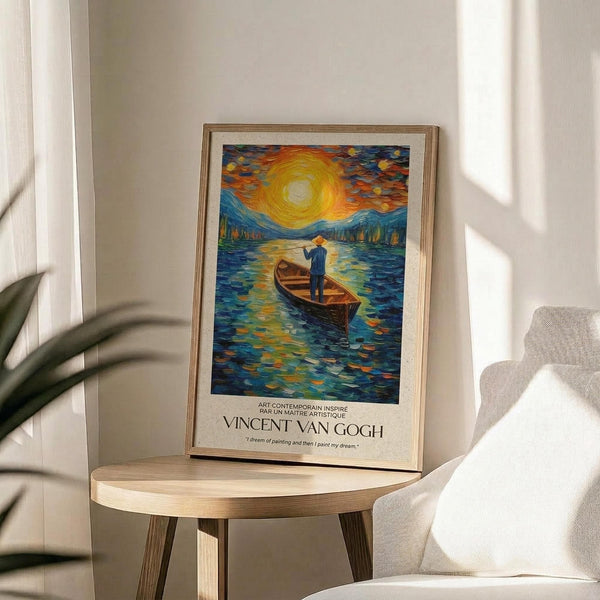 May include: A framed poster featuring a Van Gogh-inspired painting of a figure standing in a wooden boat on swirling blue water beneath a dramatic yellow sun and colorful sky. The print is displayed in a light wood frame on a round wooden side table next to a beige upholstered chair, with natural sunlight streaming across white walls and a plant visible in the corner.