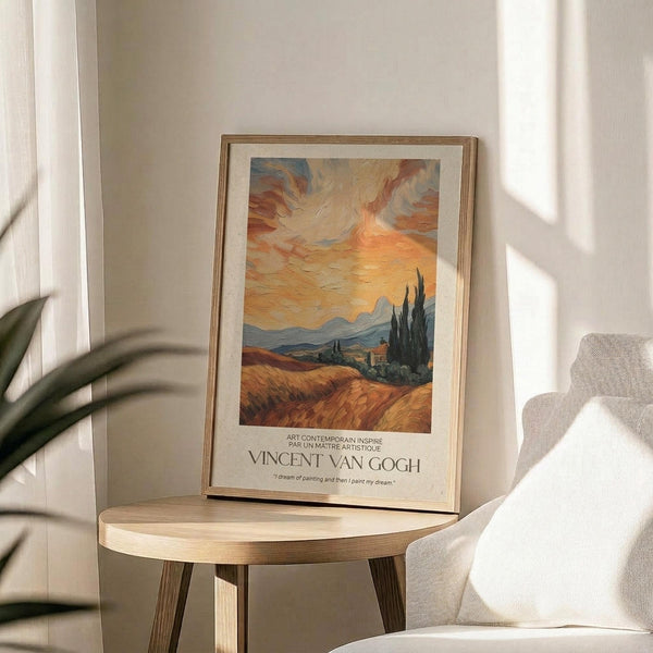 May include: Framed Van Gogh-inspired landscape poster with swirling orange and blue sky, cypress trees, rolling golden hills, and distant mountains displayed on a round wooden side table next to a beige upholstered chair. Natural sunlight casts geometric shadows across white walls. Green plant leaves visible in corner.