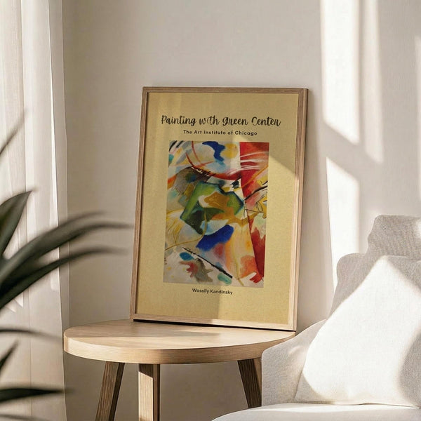 May include: Framed abstract art poster with vibrant colors including blue, red, yellow, and green brushstrokes in dynamic composition, displayed on round wooden side table next to beige upholstered chair with plant leaves casting shadows on white wall in bright natural lighting.