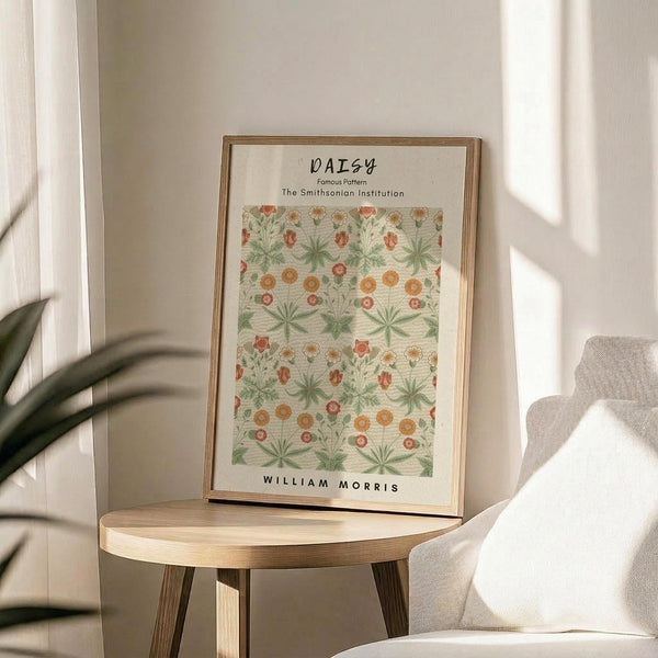 May include: Framed botanical art print featuring William Morris daisy pattern with green leaves and orange-red flowers on cream background, displayed on light wood round side table next to beige upholstered chair, with plant leaves visible and natural sunlight streaming across white walls.