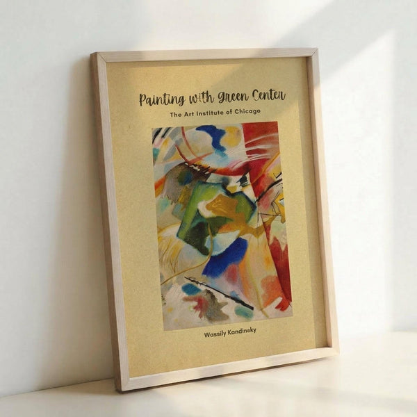 May include: Framed abstract art poster with vibrant swirling colors in green, blue, red, yellow and orange on cream background, displayed in light wood frame leaning against white wall. The artwork features dynamic brushstrokes and geometric shapes in Kandinsky's distinctive abstract expressionist style.
