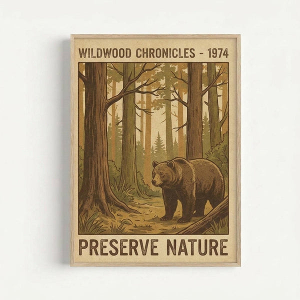 Vintage-style poster print featuring a brown bear walking through a forest of tall trees with golden sunlight filtering through. The illustration uses warm earth tones and has a retro national park poster aesthetic. Text reads "WILDWOOD CHRONICLES - 1974" at the top and "PRESERVE NATURE" at the bottom. The artwork is displayed in a light wooden frame against a white wall.
