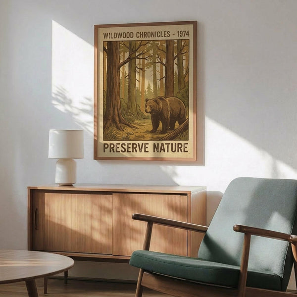 May include: Vintage-style poster featuring a brown bear in a sunlit forest with tall trees, titled "Wildwood Chronicles - 1974" and "Preserve Nature" in brown frame hanging above wood credenza with white lamp, next to mint green mid-century modern chair with wooden arms in bright room with geometric shadows on white wall.