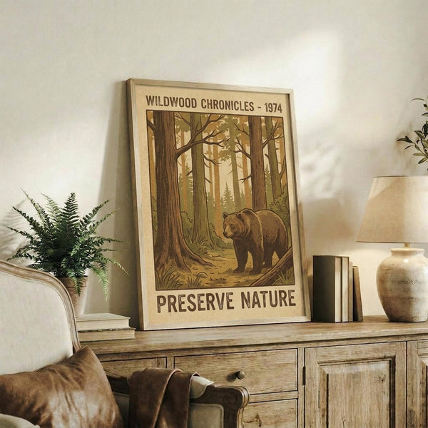 May include: Vintage-style poster featuring a brown bear in a forest of tall trees with golden sunlight filtering through, framed in light wood and displayed on a rustic wooden sideboard alongside a fern plant, ceramic vase, and books in a cozy living room setting with neutral tones and natural lighting.