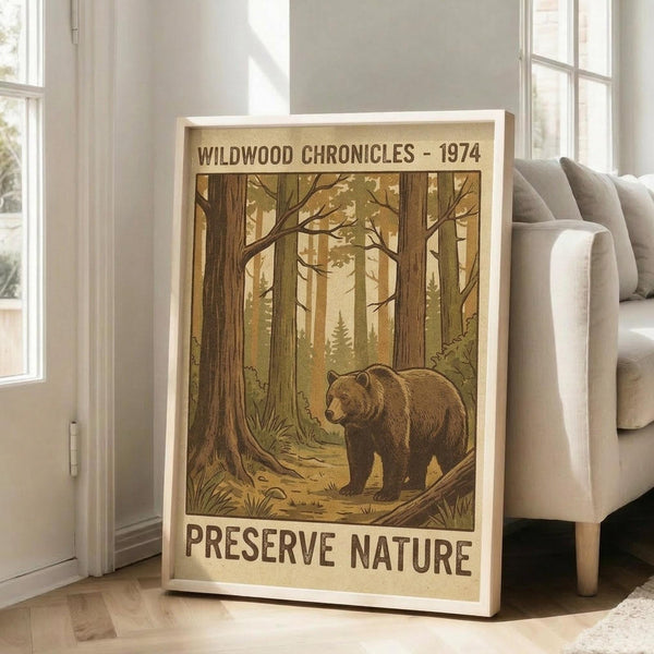 May include: Vintage-style poster in white frame leaning against wall near beige sofa. Design features brown bear in forest setting with tall trees, rendered in earthy tones of brown, green, and gold. Text reads "Wildwood Chronicles - 1974" at top and "Preserve Nature" at bottom. Warm sunlight streams through windows onto hardwood floor.