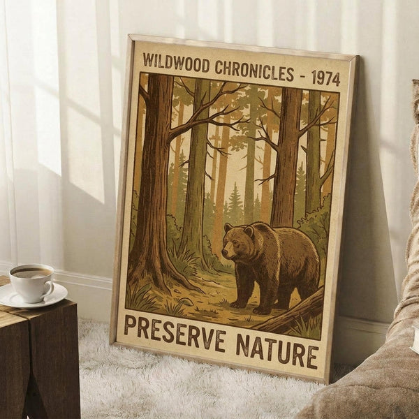 May include: Vintage-style poster with brown bear in forest scene, featuring tall trees and woodland setting in earth tones of brown, green and cream. Text reads "Wildwood Chronicles - 1974" and "Preserve Nature" in dark lettering. Framed print leaning against white wall corner next to coffee cup on wooden block and cream knit blanket on white textured rug.