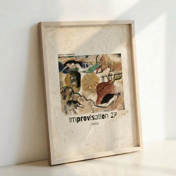 May include: Framed art print leaning against white wall showing Wassily Kandinsky's abstract painting with flowing organic shapes in earth tones, greens, and reds. The artwork features curved forms and dynamic brushstrokes typical of early abstract expressionism. Print is displayed in light wooden frame on textured cream paper with artist name and artwork title below the image.