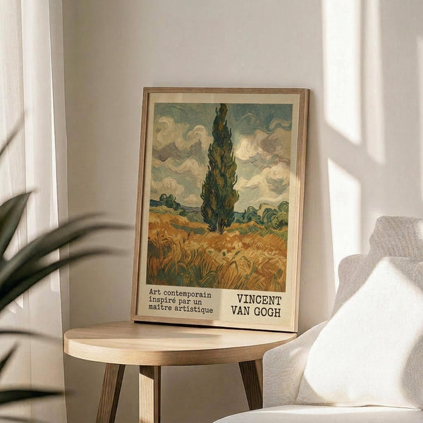 May include: Framed Van Gogh cypress tree poster displayed on round wooden side table next to beige upholstered chair. Print shows tall dark cypress against golden wheat field and swirling cloudy sky in post-impressionist style with green, yellow and blue tones. Thin wooden frame with cream matting. Soft natural lighting creates window shadows on white wall. Green plant leaves visible in corner.