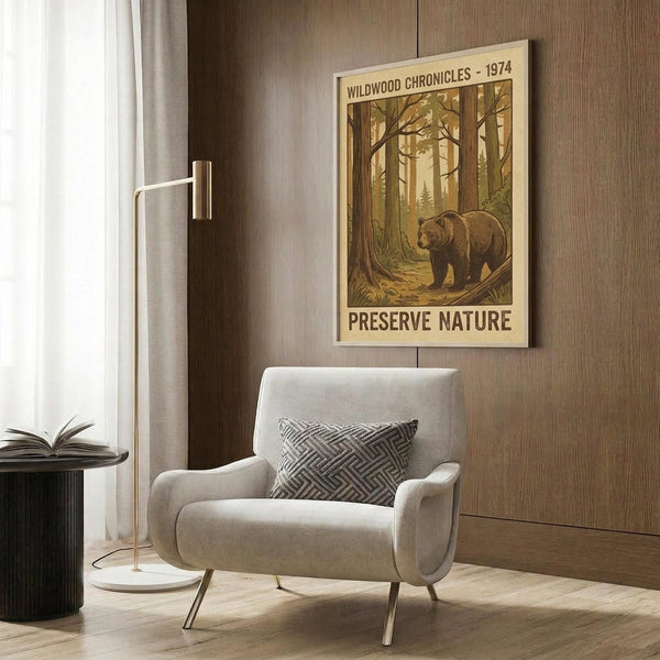May include: Vintage-style poster featuring brown bear in forest setting with "Preserve Nature" message, displayed on wood-paneled wall above cream upholstered chair with geometric pillow. Modern brass floor lamp and side table with open book complete the warm, neutral-toned reading nook scene.