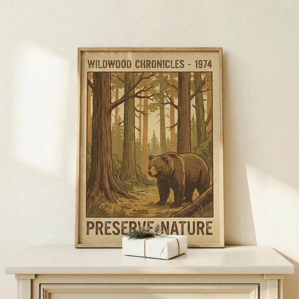 May include: Vintage-style poster in wooden frame showing brown bear walking through forest with tall trees and dappled sunlight. Text reads "Wildwood Chronicles - 1974" and "Preserve Nature" in brown lettering. Frame leans against white wall on light wood console table next to small white wrapped gift with evergreen sprig. Warm earth tones throughout with nostalgic national park poster aesthetic.