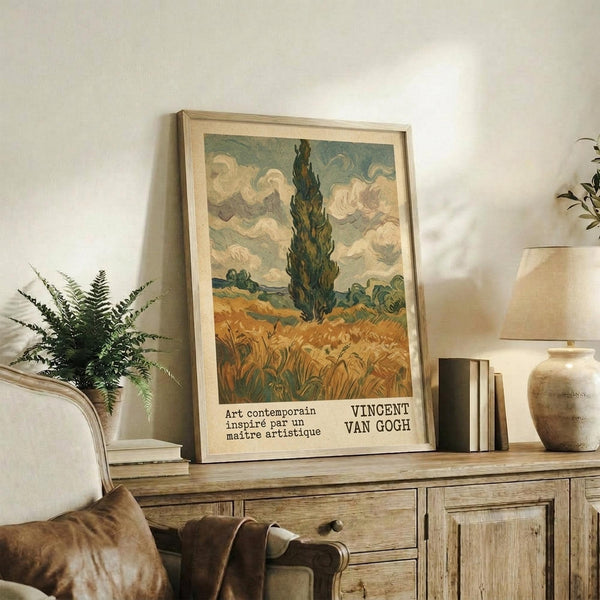 May include: Framed Van Gogh-style poster featuring a tall dark cypress tree against swirling clouds and golden wheat field, displayed on rustic wooden sideboard next to fern plant, ceramic vase, and books in neutral-toned living room with beige armchair and cream walls